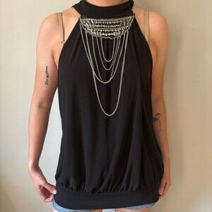 Y2K Grunge Black Alternative halter neck Punk top Open Back silver chain - XL